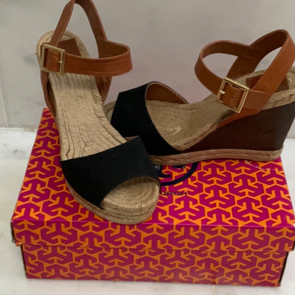 Tory Burch Black and Brown Espadrille Wedge Sandals 8 NIB